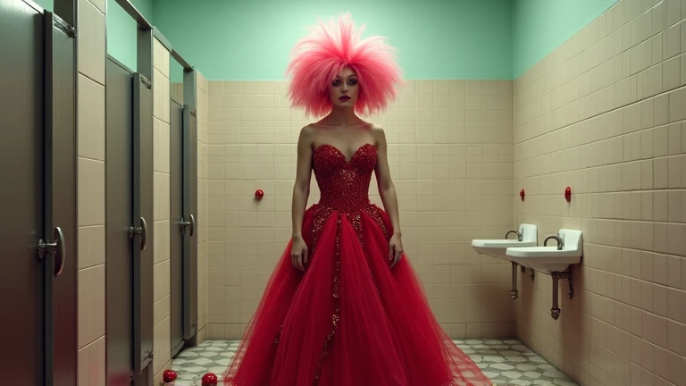 create a landscape image , restroom background .  a man is wearing a pink wig and a sexy red dress 