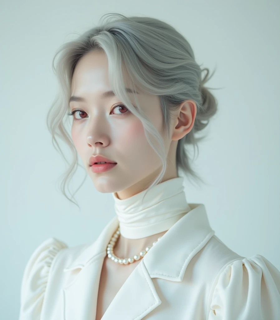 The image features a refined and ethereal male with pale silver or gray hair that is slightly messy yet elegant, framing their face. The person has soft, delicate features with pale skin and striking, reddish eyes that exude a calm yet enigmatic aura. hey ...