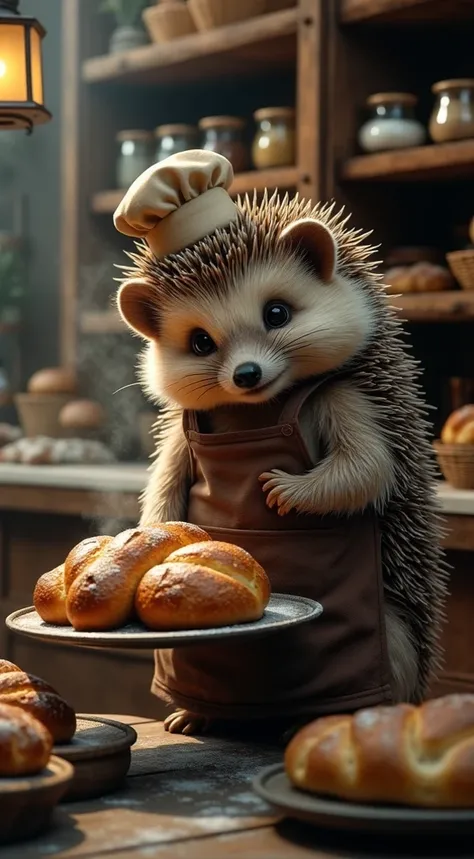 Create a realistic image of an anthropomorphic hedgehog standing in a cozy, rustic bakery. The hedgehog has soft, spiky quills and wears a small beige chef’s hat and a brown apron dusted with flour. It holds a tray of freshly baked loaves of bread, each go...