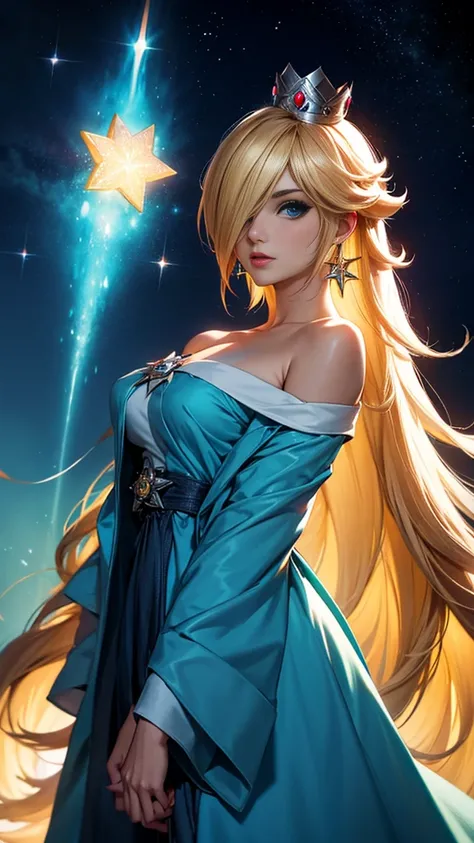 (masterpiece), best quality, expressive eyes, perfect face, highres, 1 girl, solo, rosalina, blonde hair, blue eyes, hair over one eye, long hair, blue dress, crown, dress, earrings, jewelry, princess, robe, bare shoulders, star earrings, space, starry bac...