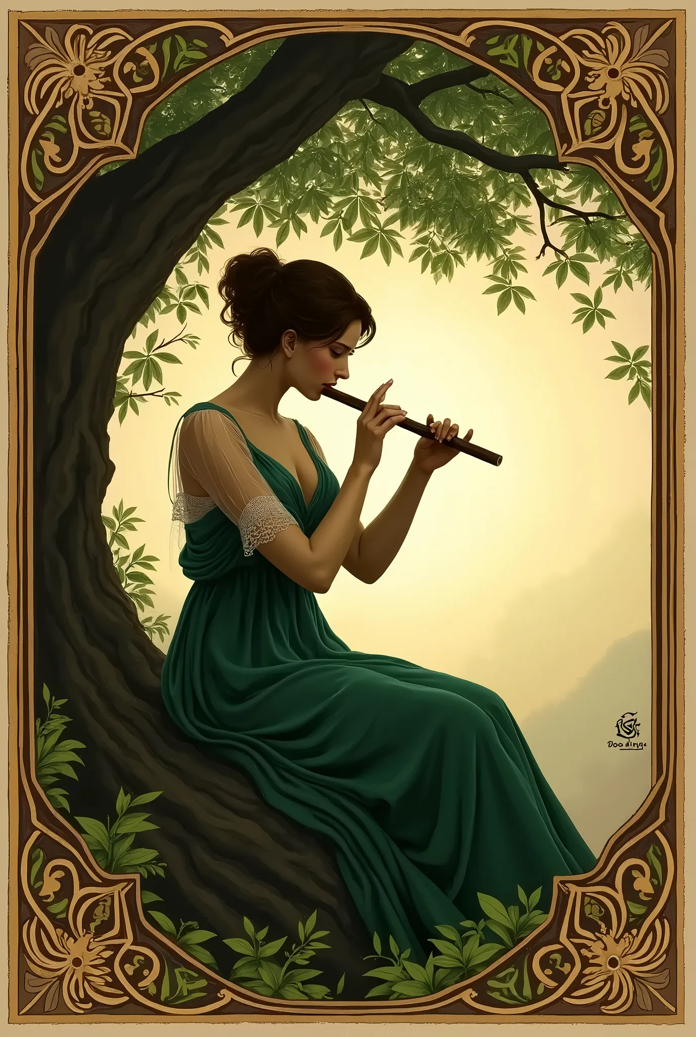 Woman playing the short flute with both hands sitting in a tree, Renaissance style.
Very decorated frame, Mucha Style. Seen as a shadow, logo type. Godiva style
