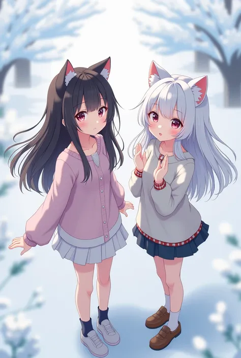 japanese girl, casual wear,mini skirt, long hair,pretty, ,((cat ear)),((2 girls))、(up face),snow background、long sleeve