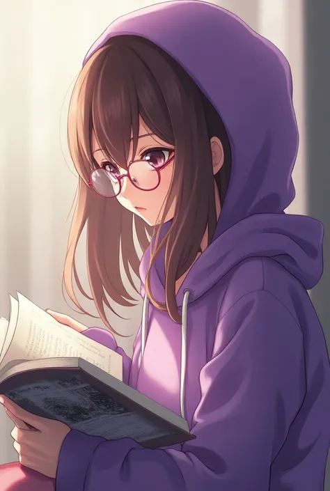 Woman with purple hoodie,  brown hair, rose colored glasses,  anime style,  profile view ,  reading a book