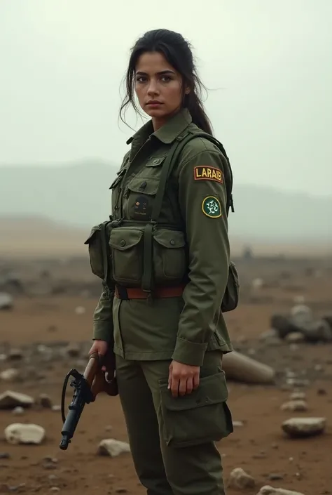 Imagine A women standing in battel field wearing Pakistan Army kit and name Laraib on back side of shirt