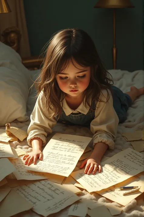 Young girl with old letters, more focus on letters, detailed, in bedroom