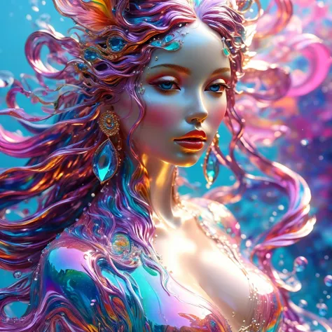 （very good，Realistic：1.37）， psychedelic abstract art ： 3D goddess sculpture made from flowing liquid， beautiful detailed eyes ，Nice Lips Details ， Serene expression ， Soft and flowing hair ， upper body portrait ，Mythological background，Creative composition...