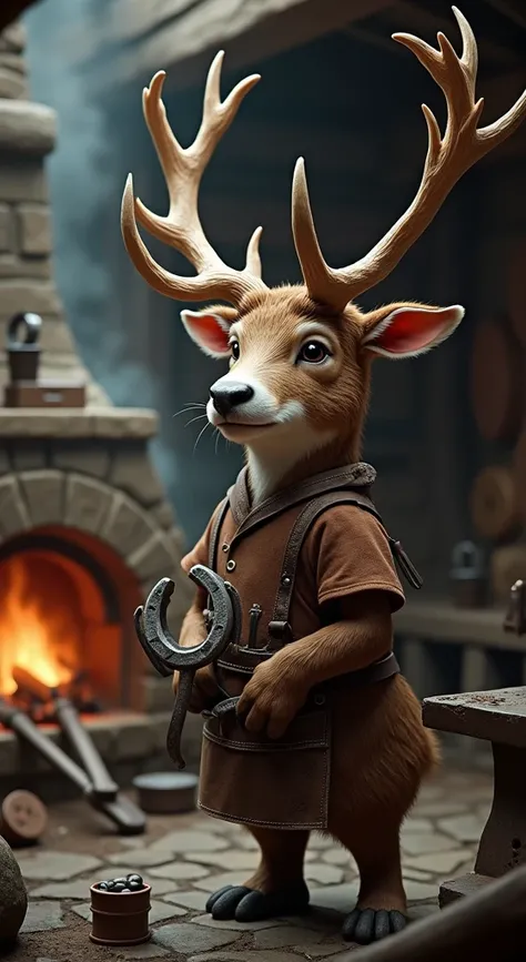 Depict an anthropomorphic deer standing proudly in a rustic workshop filled with the tools of a blacksmith. The deer has sleek, brown fur, with majestic antlers that slightly glisten in the warm light. It wears a heavy leather apron over its torso, and its...