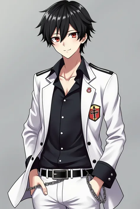 Anos is a black-haired, black and red-eyed young man and is quite handsome. He is usually seen wearing a white school uniform, which consists of a black shirt, white jacket and pants, and a badge displaying a cross. He also wears white trousers, a black be...