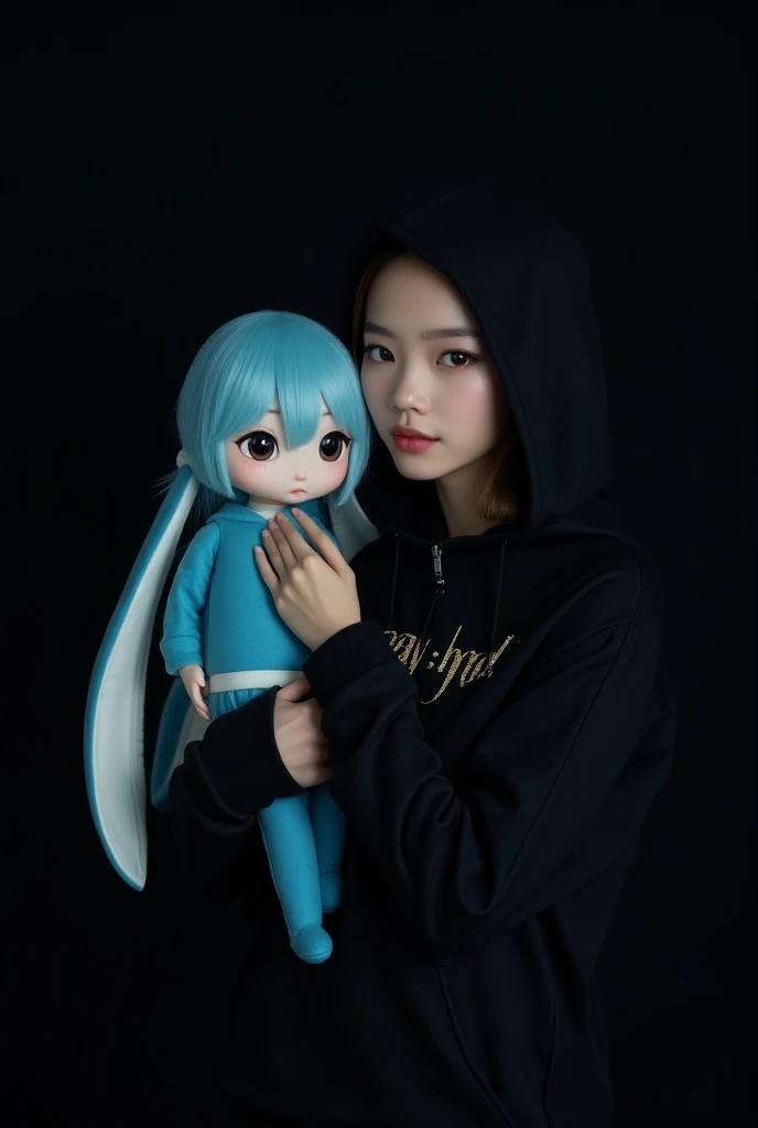 a beautiful Taiwanese woman, wearing a black hoodie with gold details that say MAY_HRD is hugging a long eared doll in neon blue and white on a black background