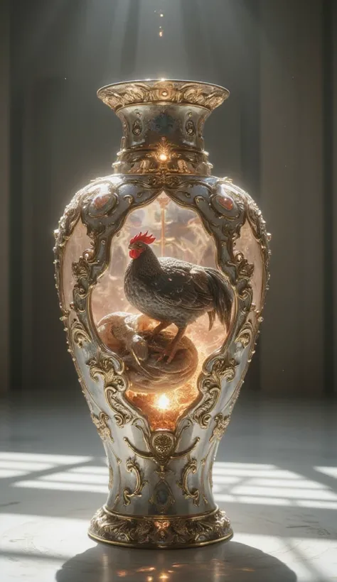 An oriental style vase is displayed in an empty room,There is a dragon chicken inside, RococoStyle, Crystal nuclei, Realistic light depiction, interesting and complex, light blue, hidden academia, World pattern,The body of the vase is illuminated by light,...