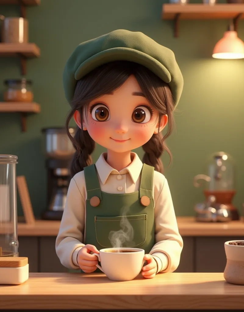  A cute girl in a coffee shop costume , Standing behind a counter ,  Preparing a cup of coffee with warm gestures, 3d animated, Sophisticated design, 8k,  photorealistic ,  intricate details ,  soft lighting ,  warm green and beige color palette 