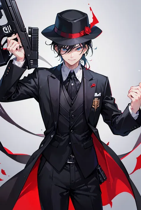 1boy, standing portrait, Central Focus, Centered, Fully in-frame, Solo, Standing still, zoomed out, aiming his gun

Gender: Male

Appearance: aiming his gun, black-haired Mafia boss boy with a black fedora wearing a crime boss tuxedo, evil smile, aiming gu...