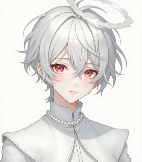 realistic drawing of an ethereal male with pale silver or gray hair that is slightly messy yet elegant, framing their face. The person has soft, delicate features with pale skin and striking, reddish eyes that exude a calm yet enigmatic aura. hey are dress...