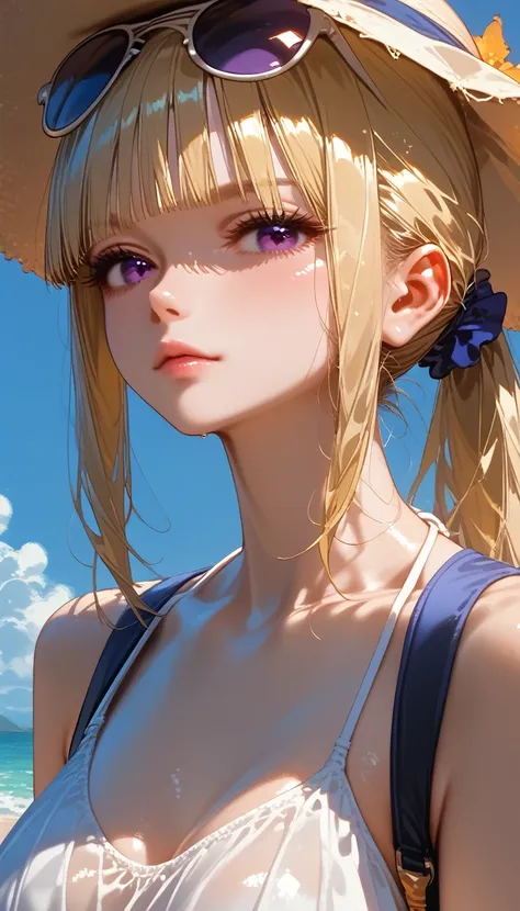 score_9,score_8_up,score_7_up, shiny skin, 1girl, KeiKaruizawa, Kei Karuizawa, bangs, blunt bangs, ponytail hair, long hair, violet eyes, blonde hair, blue scrunchie, beachwear, beach hat, sunglasses, sea coast