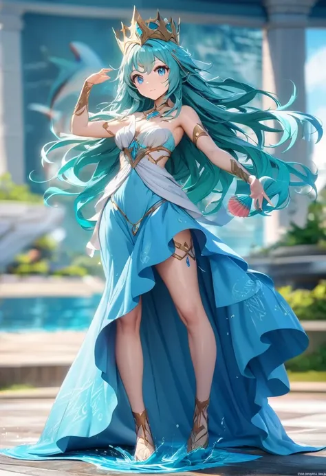 4K anime style quality, digital drawing mode, Ancient Greek myths-themed anime female character, long flowing aqua hair with bright blue eyes full of life, wearing a simple, flowing blue dress, no crown or symbols of authority, holding a conch shell symbol...