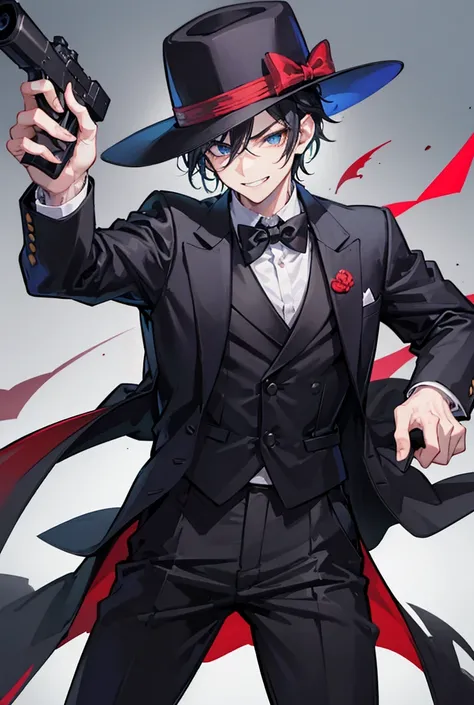 1boy, standing portrait, Central Focus, Centered, Fully in-frame, Solo, Standing still, zoomed out, pointing his gun

Gender: Male

Appearance: pointing his gun, black-haired Mafia boss boy with a black fedora wearing a crime boss tuxedo, evil smile, aimin...