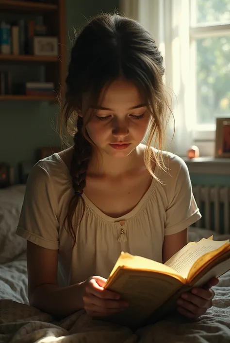 Teen girl with old letters, more focus on letters, detailed, in bedroom, looking to letters