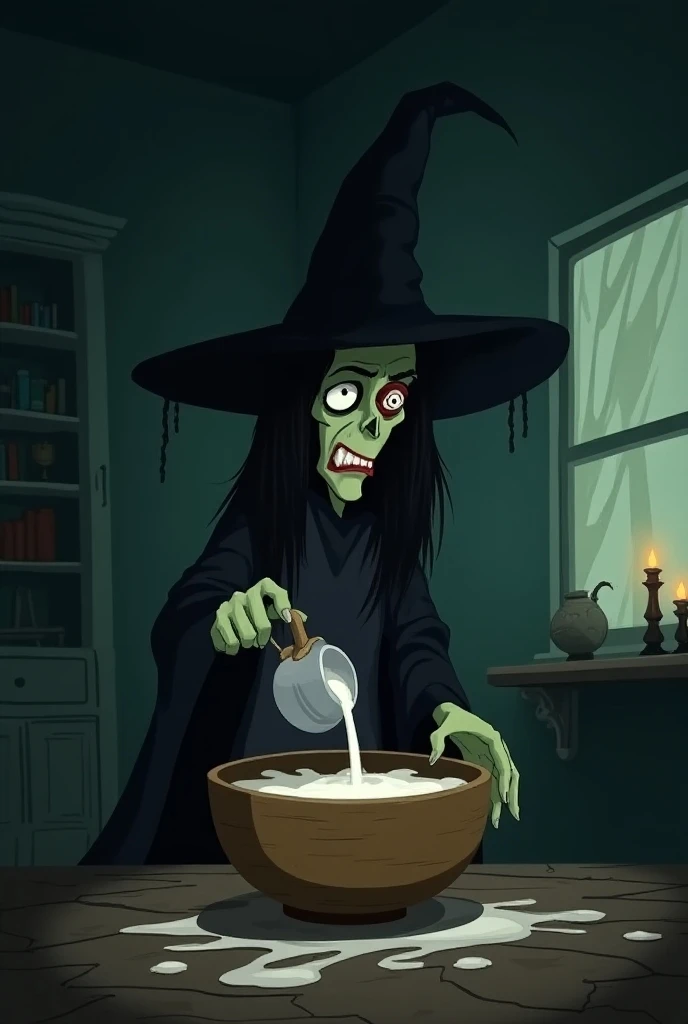 Witch left eye demage made milk in big bowl and stay it rest in corner in scary house cartoon annimeted imges 16 9 