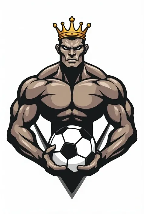 logo of a cup with a soccer ball figure ,  with muscular arms showing the muscles upwards and with a kings crown 