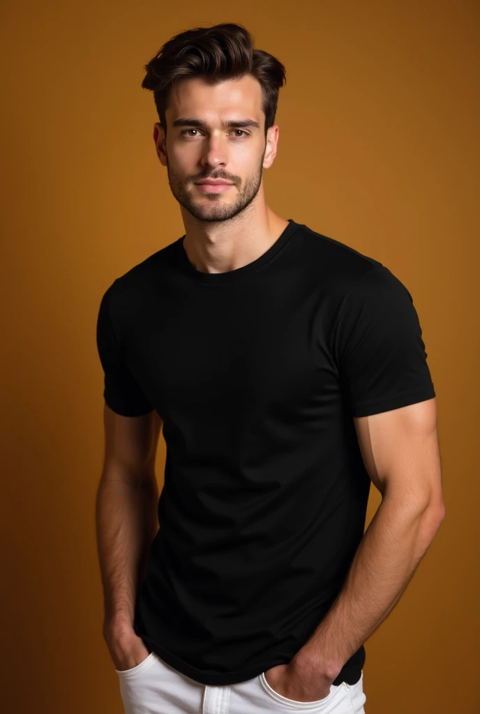 Best Quality,Ultra-detailed,Realistic:1.37,Handsome young 25 years old man,Handsome face,Detailed brown eyes,Strong Jawline, without a beard ,Charming smile,stylish brown hair,clean-shaven,Confident posture,gentleman,a captivating gaze,well maintained,Prof...