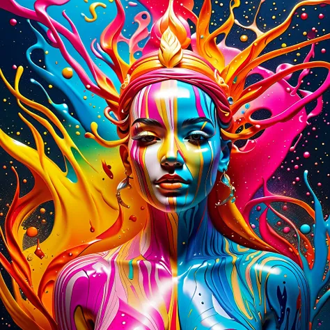 Colourful portrait of the upper body of a goddess made of water