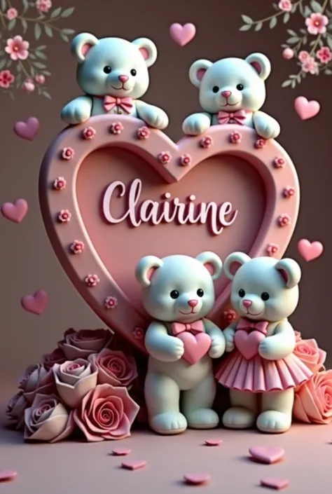  The picture shows a Valentines Day themed atmosphere with a teddy bear , heart, and flowers.
Gambar tersebut menampilkan bingkai besar berbentuk heart dengan nama "CLAIRINE"  written in connecting letters on its red background .  The frame is decorated wi...