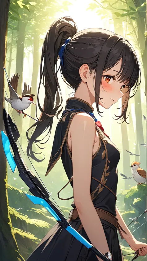 1 girl, ( cute face),  ponytail, to many hairstyle, (blush:1.2),  watch viewers ,  small breasts,  Fantasy Archer Clothes, Bow and Arrow,  , cowboy shots,  break,  bright sunlight, ( Vibrant Light :1.3), (Atmosphere of Love :1.3), break, In the forest,  Bi...