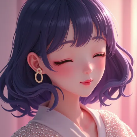 A Korean beautiful girl dressed in a glittering sleeved frock,Hair Over Shoulder, Purple Hair, Crescent Earrings, Closed Eyes, Light Smile, Red Lips, 3D Isometric, Optical Illusion, Cinematic Lighting, 8K Octane, Anime Style, C4D, HD, Close-Up, 