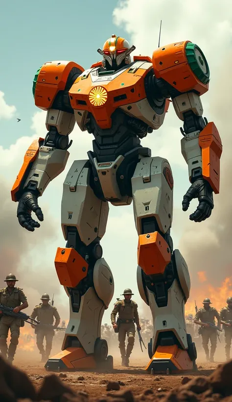 "An Indian combat mech, painted in vibrant metallic orange, white, and green, with a glowing Ashoka Chakra on its chest. Soldiers charge forward with resolve as their commander stands firm against all odds."