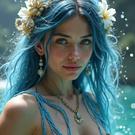  Goddess made of colorful water， upper body portrait ， Detailed faces and features ， Long flowing hair ，Gorgeous jewelry， Ethereal and ethereal atmosphere ， bright colors ， Sparkling water effects ， Beautiful nipples ，8k， photorealistic ，masterpiece， Cinem...