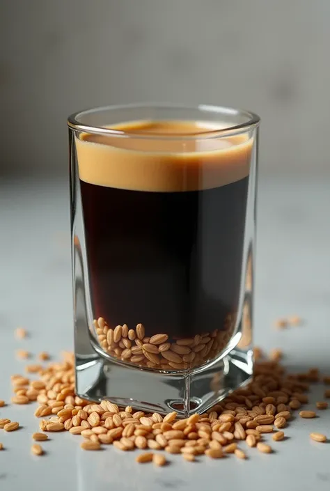 Make me an image of black coffee made from roasted rice. Put it in a short squared glass container where rice and coffee are see through and the rice is on below 