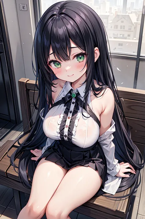  1 beautiful girl with pieces ,186 girls ,Baby Face, high definition , Long Hair, ,Big Breasts, Big Breasts , Busty, blush, smile, Sit down, take off the hood,From above at an angle,anime,  black hair,Green Eyes