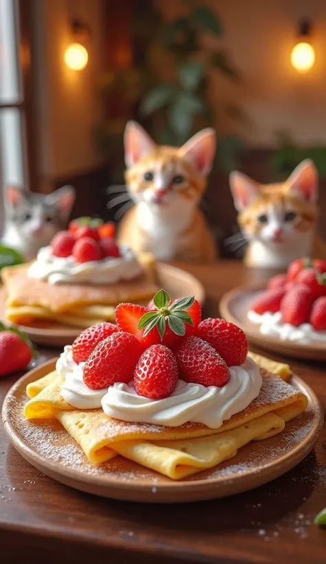 The crepe house 。 plenty of fresh cream and strawberries look delicious。 colorful cats are also showing their faces 。 real。 High Quality。