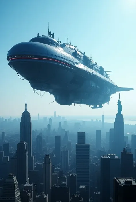 Goal: "Giant spaceship hovering over New York City in a futuristic scene"
Environment: "Urban with advanced technology"
Space: "Vast cityscape with a spaceship"
State: "Calm and imposing"
Location: "New York City"
Area Features: "Skyscrapers, landmarks lik...