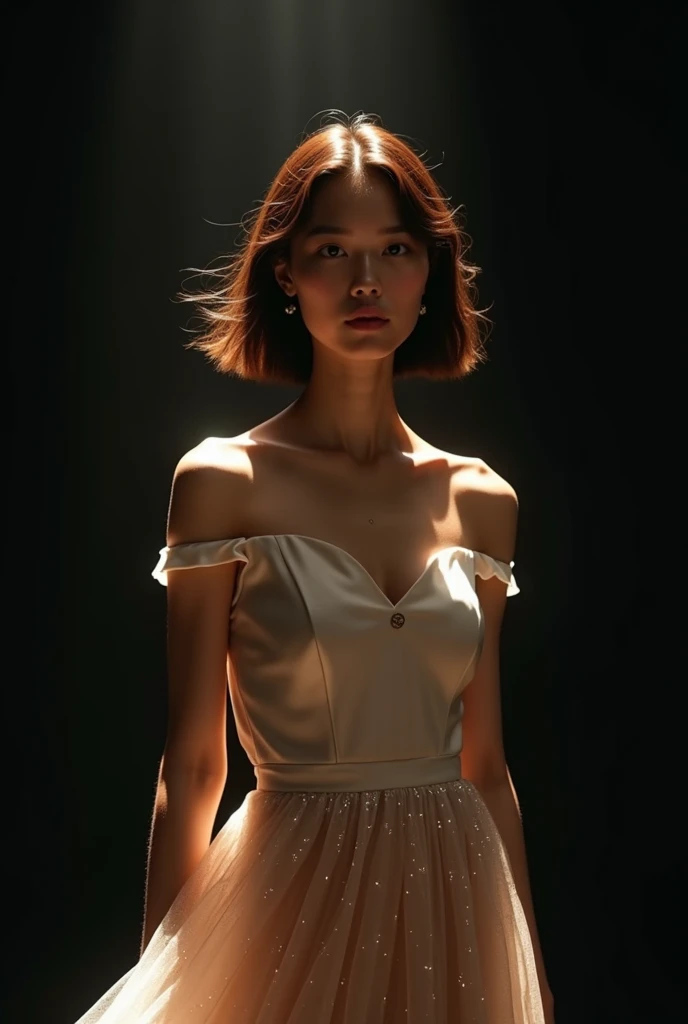 " A 22-year-old woman with shoulder-length hair , pretty face, wear clothes in the form of an elegant blouse with a soft top and a graceful dangling skirt.  She stands in a graceful posture against a dark background ,  with a soft light highlight from abov...