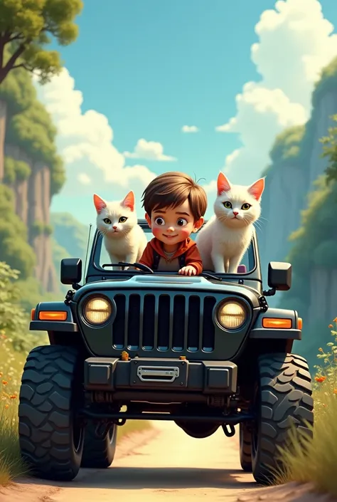 A small boy ridinng a jeep of black colour with two cats of white colour .They are going on a road 
