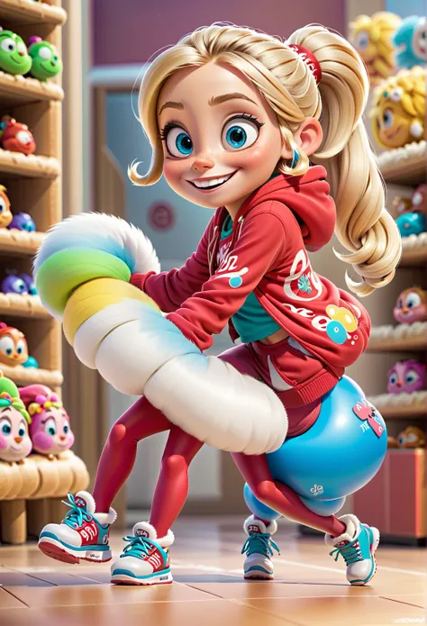 " Create a short Santa Claus character in Disney Pixar style ,  for a store called Epic Style . Big eyes and captivating smile , rounded face,  blond haired athlete tied in a ponytail ,  wears modern leggings and has a backpack next to him with the word Ep...