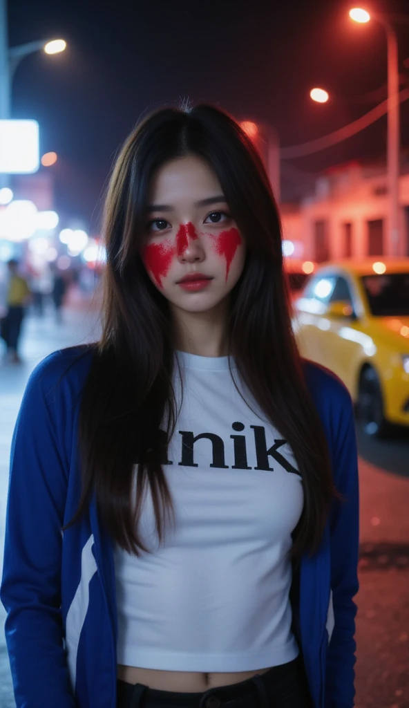 Captured at eye-level a close-up shot captures a young Asian woman with long dark hair wearing a white t-shirt with the word "ANIK" written on the front in black letters. She is wearing a blue jacket with a white stripe down the left side of the jacket. Th...