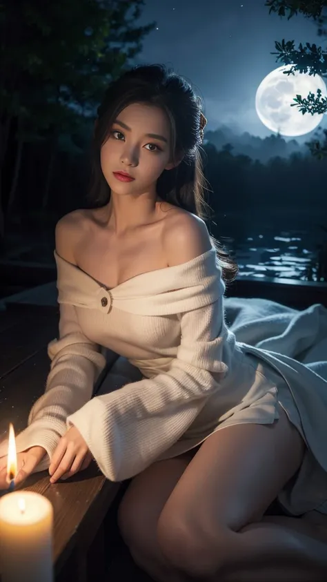  (masterpiece, highest quality:1.2), 1 girl, alone, ((off shoulder clothes)), ((night)), lanthanum, candle light, deep in wonderland，The moonlight falls like water，fog room，The heroine&#39;s figure is vaguely visible，Like a fairy in a painting，Slim sexy le...