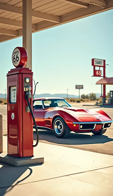 American art works from the 1970s 、1969 Chevrolet Corvette C3 Stingray, classic American Route 66 gas station, sun-drenched, vibrant Route 66 open background, (best quality,4k,8k,highres,masterpiece:1.2),ultra-detailed,(realistic,photorealistic,photo-reali...