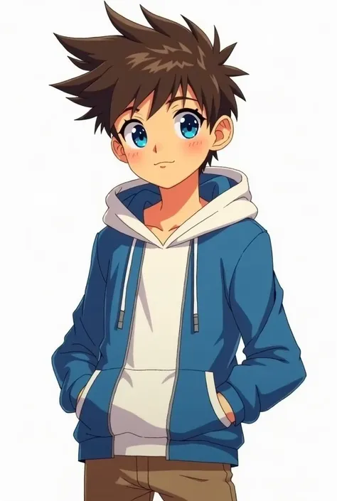 anime style, a ten-year old young human male, a grade-schooler, ten-year old boy with  spiky brown hair, tan-skinned, handsome almond-shaped blue eyes, wearing a blue and white hoodie and brown pants, with a confident expression. He looks like a handsome s...