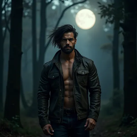 A rugged and muscular man standing in a dimly lit forest under a full moon. His appearance exudes confidence and strength, with a chiseled jawline, piercing eyes, and windswept dark hair. Hes dressed in a tattered leather jacket and jeans, with a faint hin...