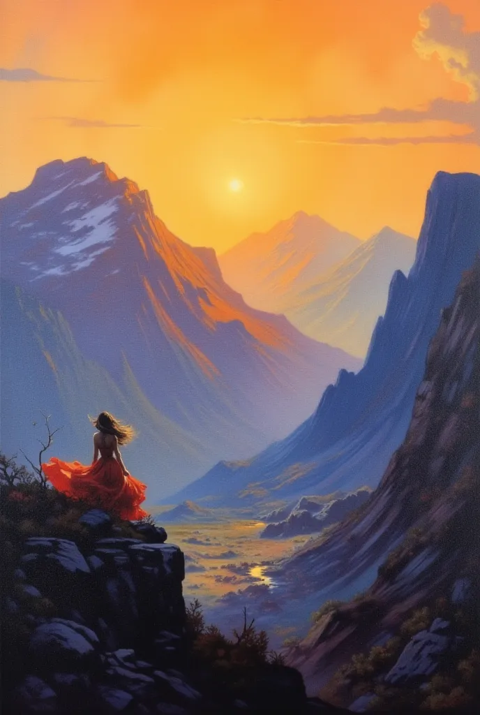 oil painting, mountains in warm shades, on the top in the distance you can see the silhouette of a woman in a red dress flutteri...