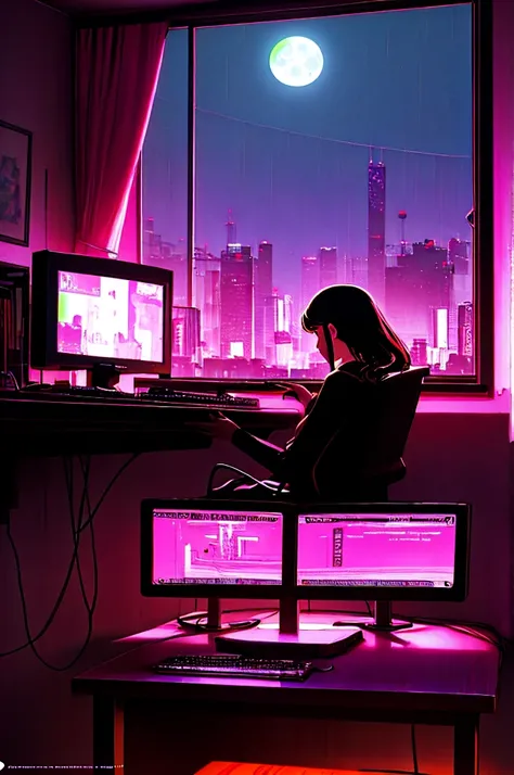 Woman working on a PC ,profile, large window where you can enjoy the night view ,  computer desk by the window ,chair, Sofa,Computer Monitor,Rainy Evening,full moon, digital painting inspired by Beeple, concept art, 3D rendering beeple, Interior background...