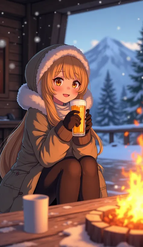 Mahiru shiina, Blonde,winter、Mountain hut、Bonfire、 blond hair with long curls 、Drinking beer with a big smile 、 wearing a coat with hair on a cute hood