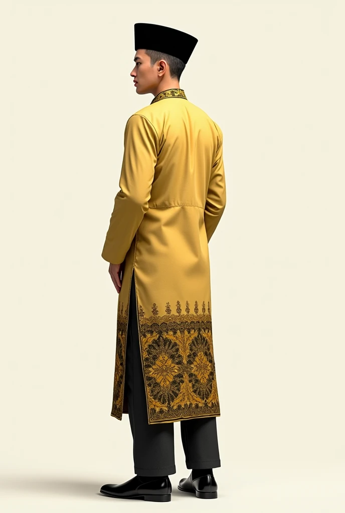 create a picture of animated painting-like man standing full body from head to toe, wearing a white yellow proper traditional malay baju melayu with black songkok, black pattern samping made of songket cloth, black leather shoes, looking to the right, like...