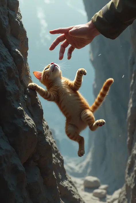 The cat that fell from the rock is grabbed by the  with his hand extended