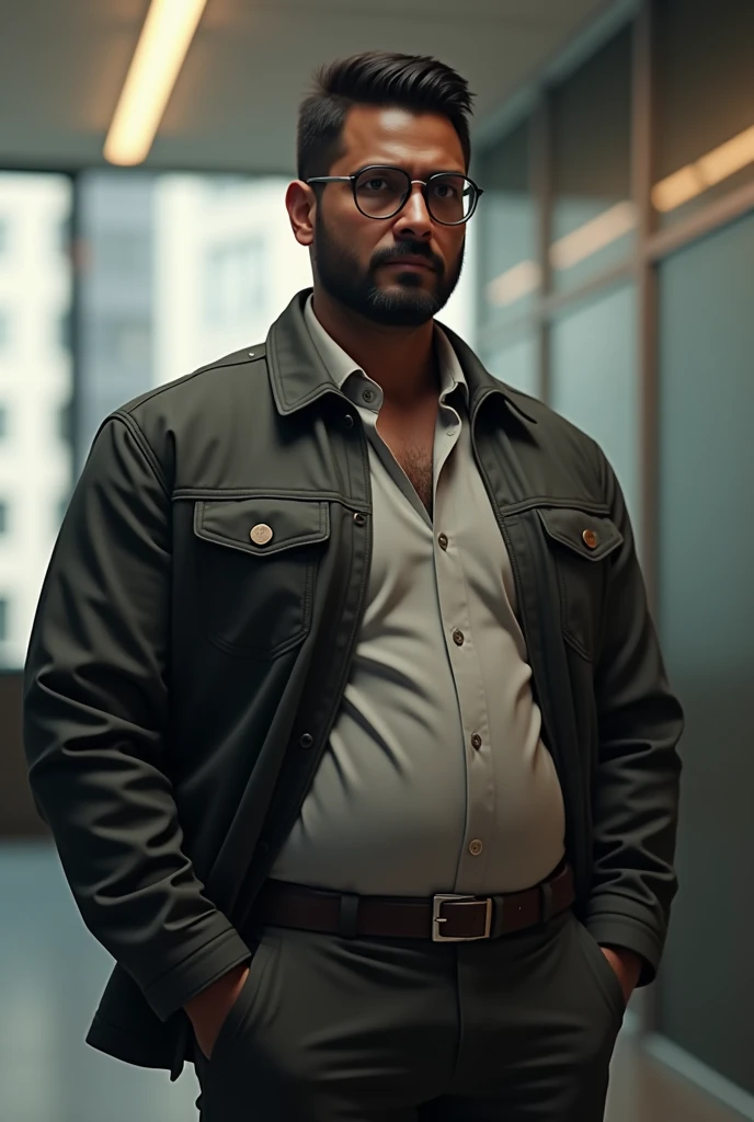 A south indian tall man dark with short hair wearing glasses clean shaved with belly wearing jacket 