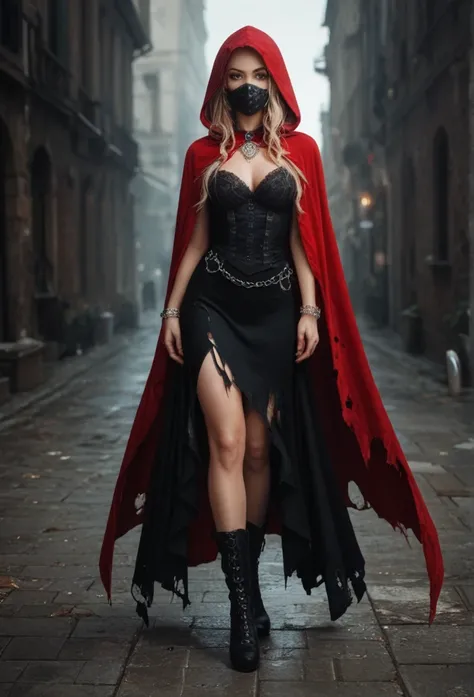 A character,  with a dark and mysterious look .  She has long, blond hair that falls under a frayed red hood,  part of a long and torn cape that adds a sense of movement . His eyes are piercing red, Conveying intensity and determination.  She wears a black...