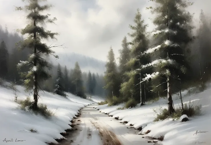 painting of trees covered in snow, in the style of grigory gluckmann, norwegian nature, uhd image, abigail larson, realistic landscapes, traditional oil painting, green and gray